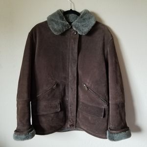 Gallery Brown Genuine Leather Coat, Fur Trim, Sz M